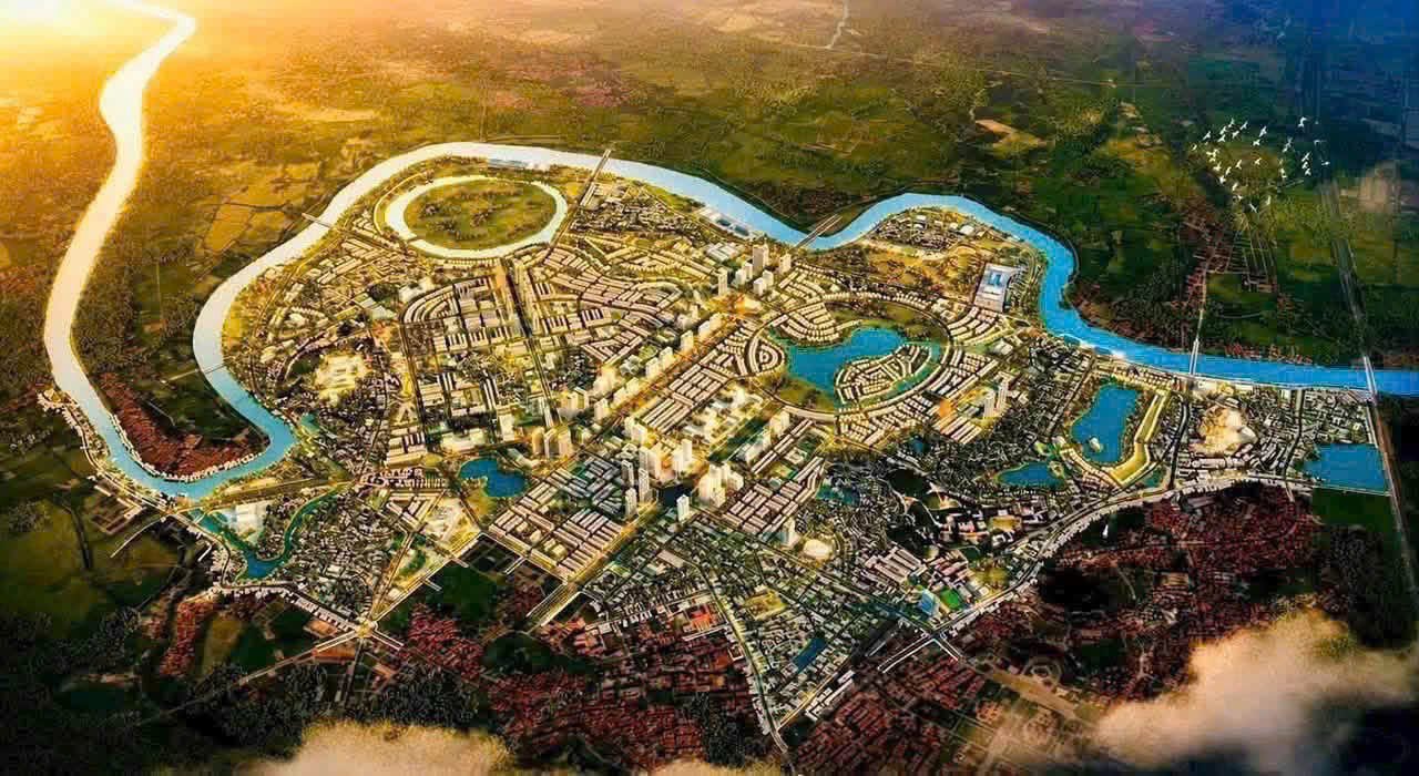 Phối cảnh tổng thể Vinhomes King Park nhìn từ trên cao, khu đô thị nằm trong khúc uốn sông Cầu với hồ lớn ở phía bắc